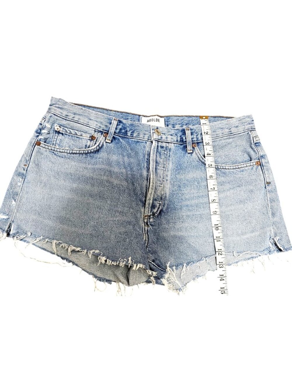 Agolde Women's Distressed High-Waist Denim Shorts With Frayed Hem Button Fly And - Picture 13 of 15